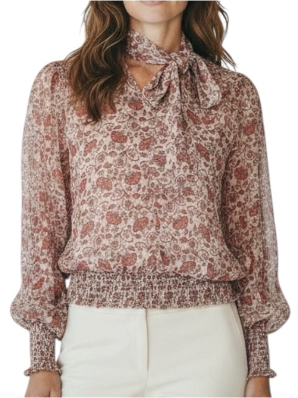 RAMY BROOK Metallic Floral Print Tie Neck Long Sleeve Elastic Waist Size Large
